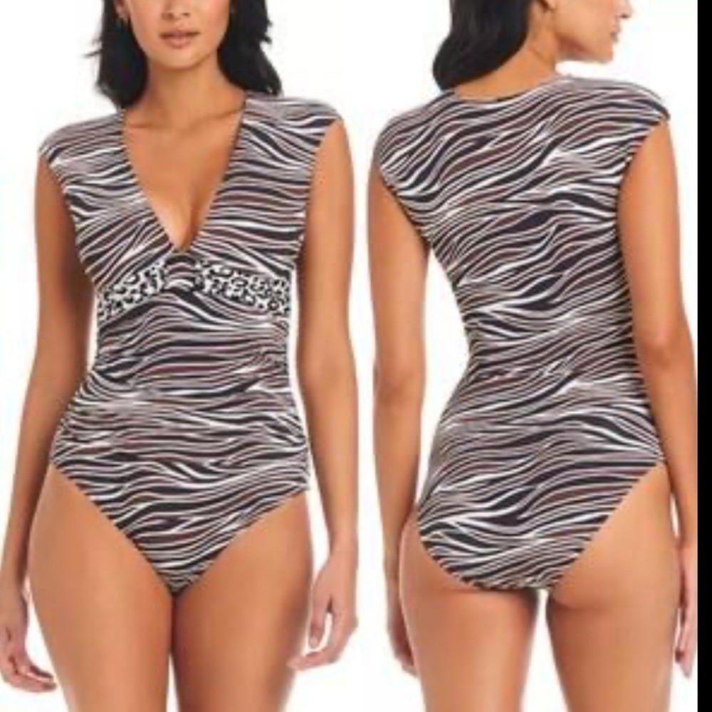 Bleu Rod Beattie Pecan Zebra Leopard Ruched One Piece Swimsuit RBAI24206 Size 14